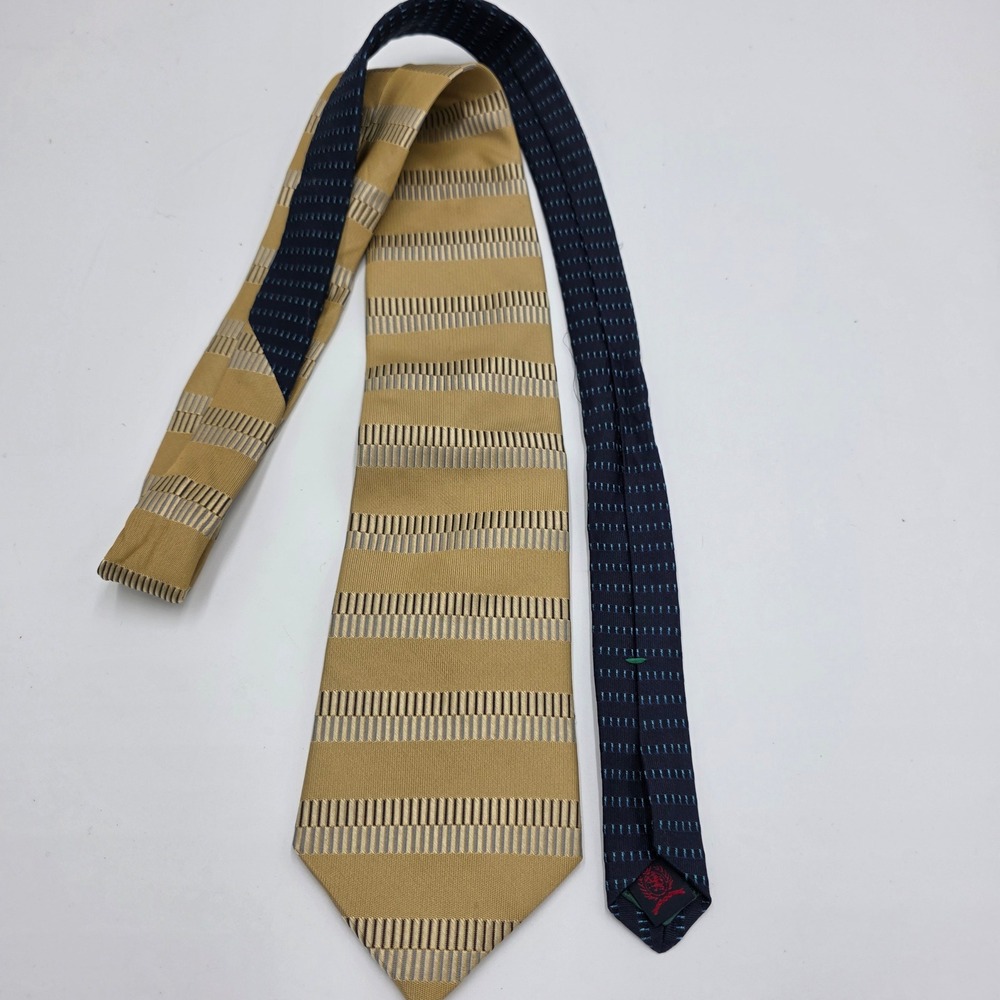 Tommy Hilfiger Mens Silk Tie Gold Navy Blue Textured Horizontal Stripe USA Made